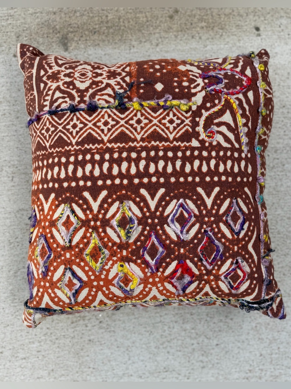 Boho Embroidered Throw Pillow 20x20 Rust Brown Cream Global Decor Anthro Style